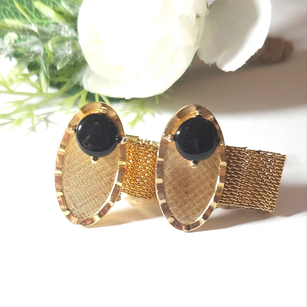 Vintage Di Gino Gold Plated Black Oynx Mesh Wrap Around Cuff Links High End 1950